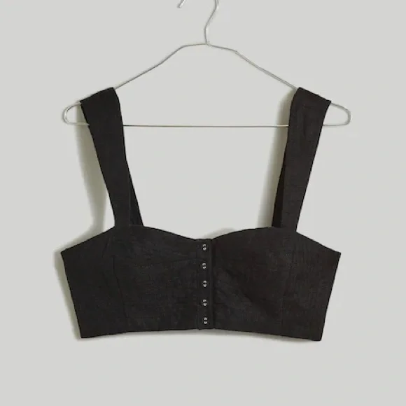NWT Madewell Black Button-Front Crop Top 100% Linen Sweetheart Bralette - 6 - Picture 5 of 9